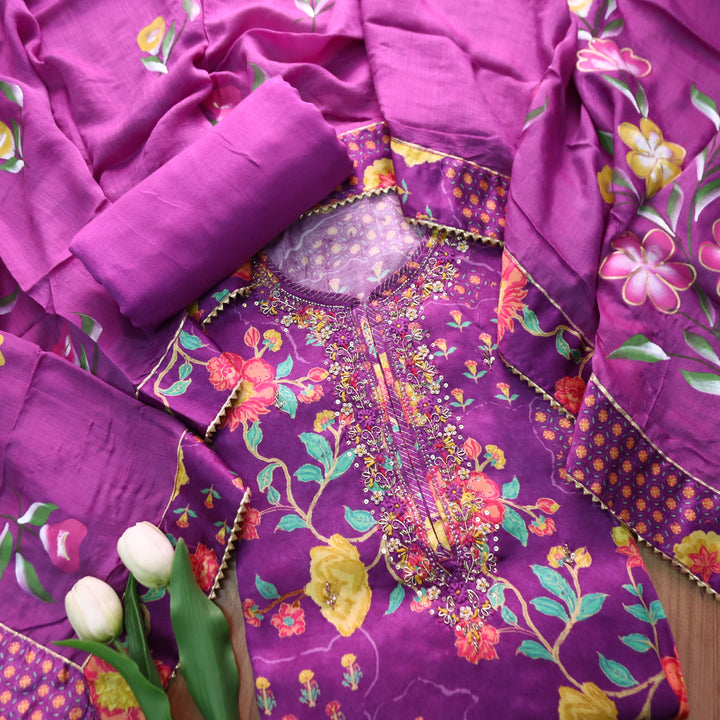 Maya Orchid Purple Kardana Embellish Neck Work in Floral Printed Muslin Set