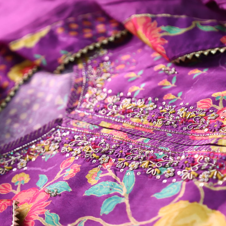 Maya Orchid Purple Kardana Embellish Neck Work in Floral Printed Muslin Set
