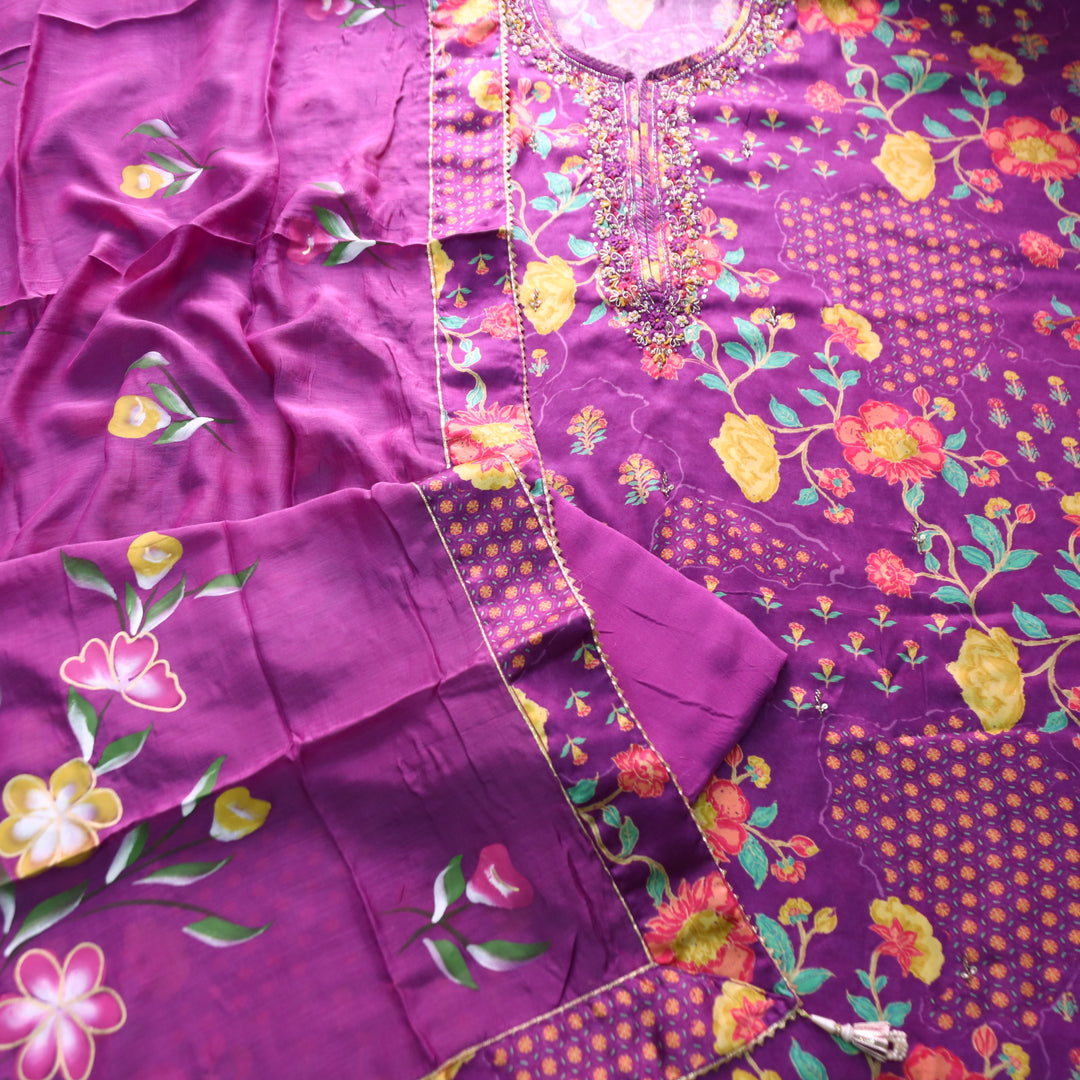 Maya Orchid Purple Kardana Embellish Neck Work in Floral Printed Muslin Set