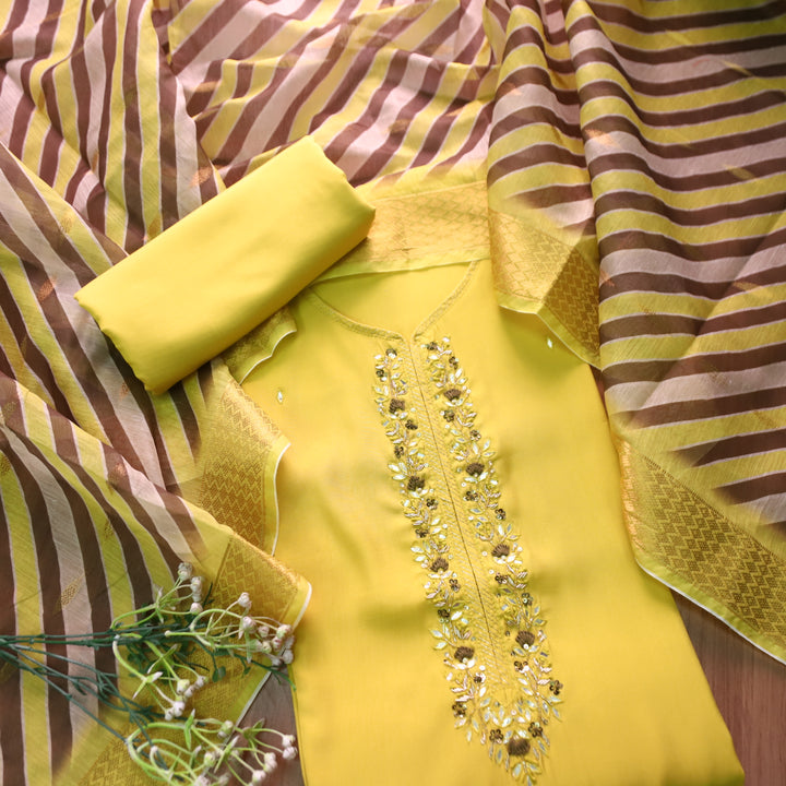 Maya Sunflower Yellow Kardana Embellish Neck Work in Modal Suit Set