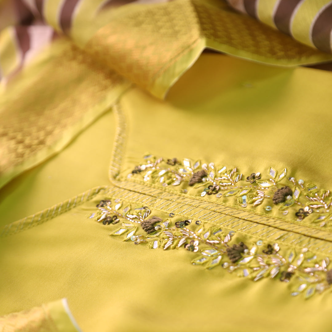 Maya Sunflower Yellow Kardana Embellish Neck Work in Modal Suit Set