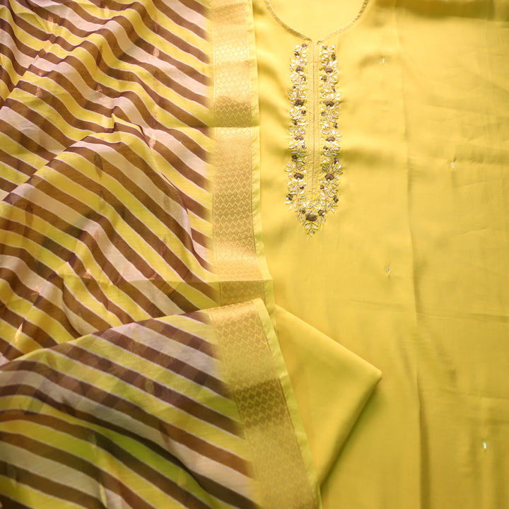 Maya Sunflower Yellow Kardana Embellish Neck Work in Modal Suit Set