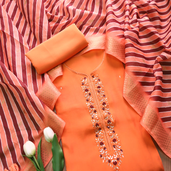 Maya Peach Orange Kardana Embellish Neck Work in Modal Suit Set