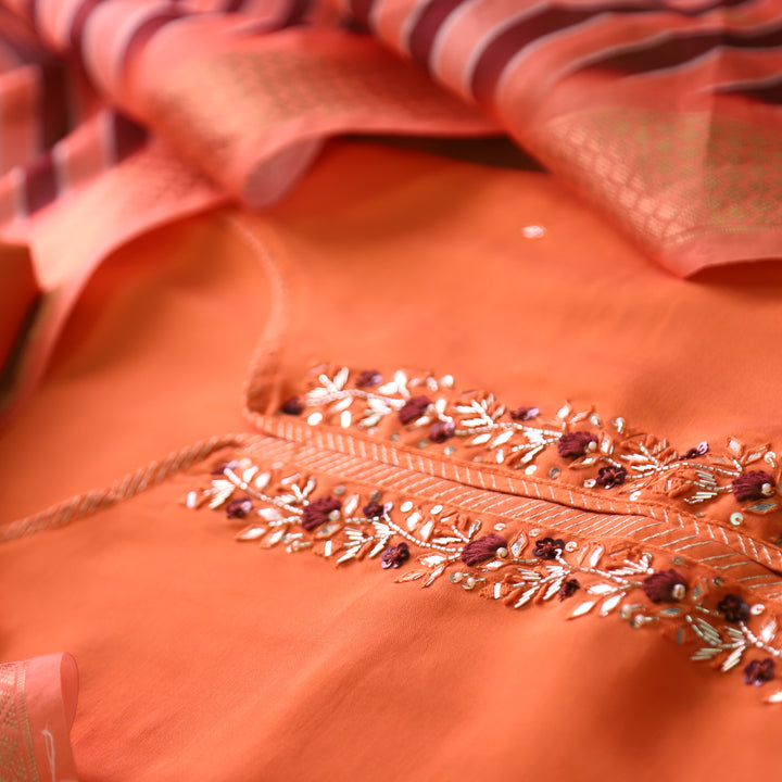 Maya Peach Orange Kardana Embellish Neck Work in Modal Suit Set