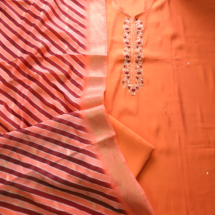Maya Peach Orange Kardana Embellish Neck Work in Modal Suit Set