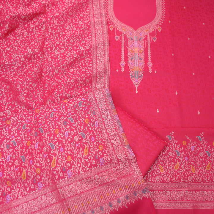 आरूही Flamingo Pink All Over Zari Weaved in  Semi Pashmina Winter Suit Set