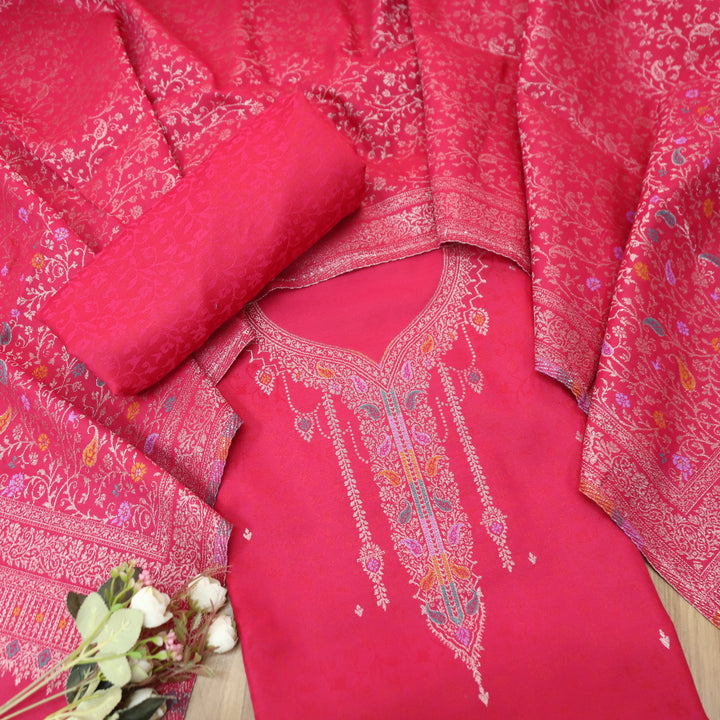 आरूही Flamingo Pink All Over Zari Weaved in  Semi Pashmina Winter Suit Set