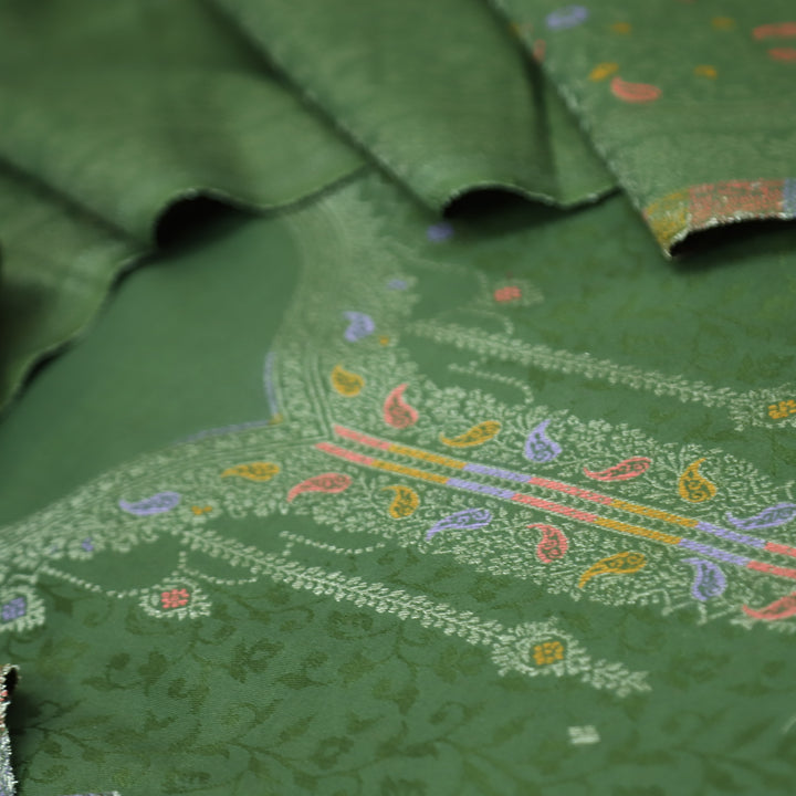 आरूही Forest Green All Over Zari Weaved in  Semi Pashmina Winter Suit Set