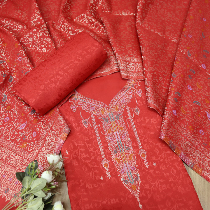 आरूही Rust Orange All Over Zari Weaved in  Semi Pashmina Winter Suit Set