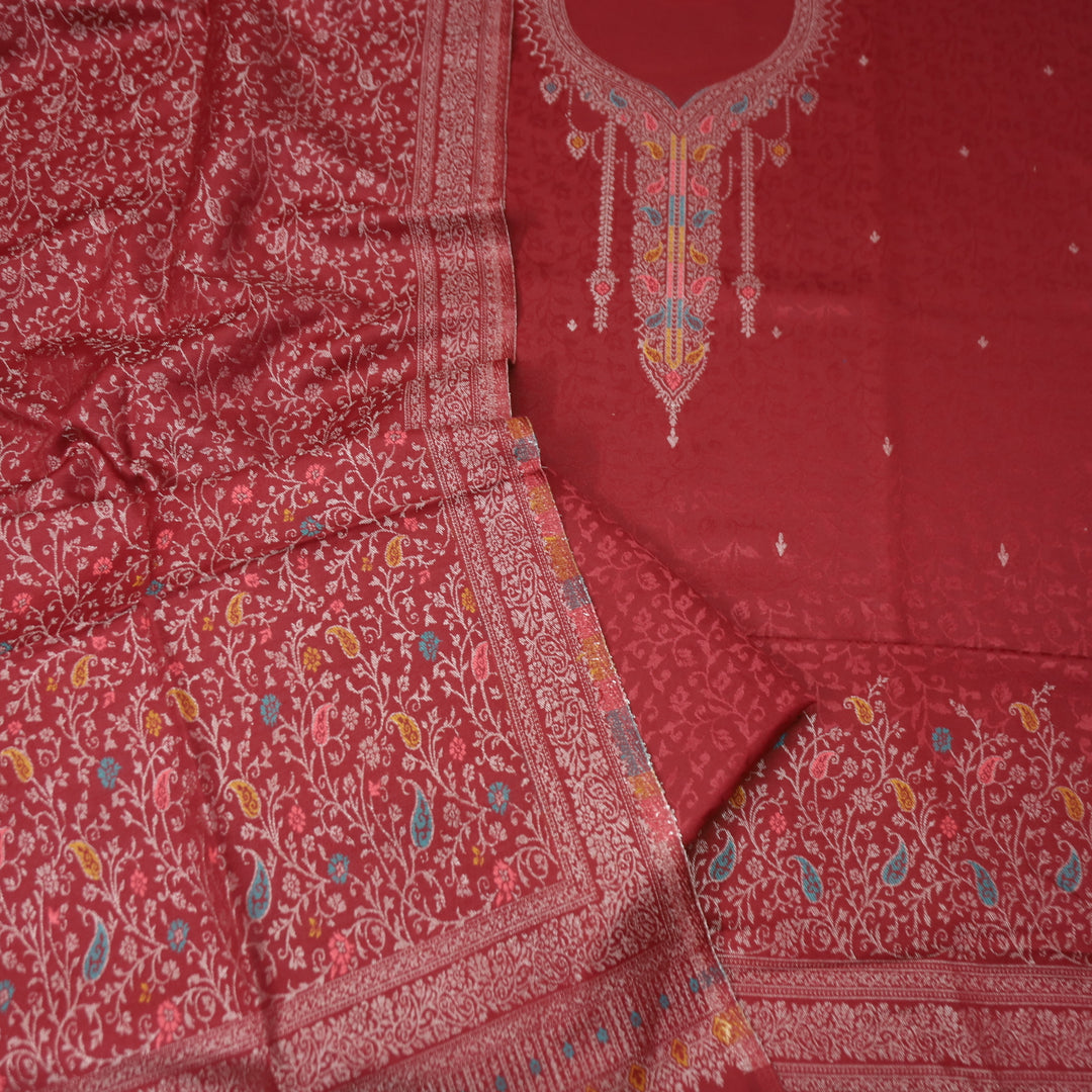 आरूही Burgundy Wine All Over Zari Weaved in  Semi Pashmina Winter Suit Set