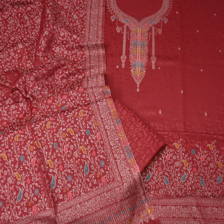 आरूही Burgundy Wine All Over Zari Weaved in  Semi Pashmina Winter Suit Set