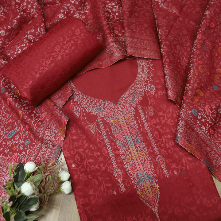 आरूही Burgundy Wine All Over Zari Weaved in  Semi Pashmina Winter Suit Set