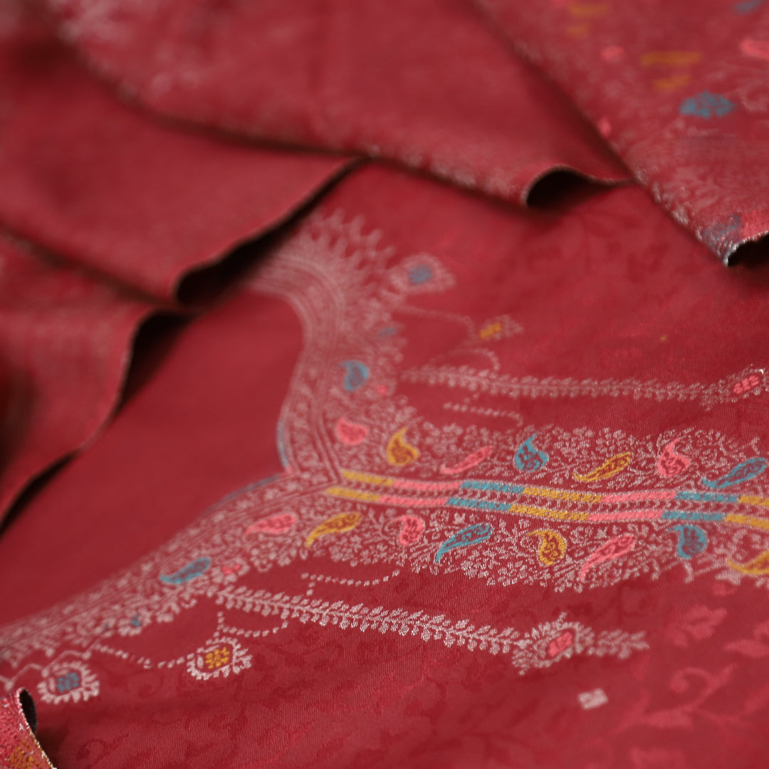 आरूही Burgundy Wine All Over Zari Weaved in  Semi Pashmina Winter Suit Set