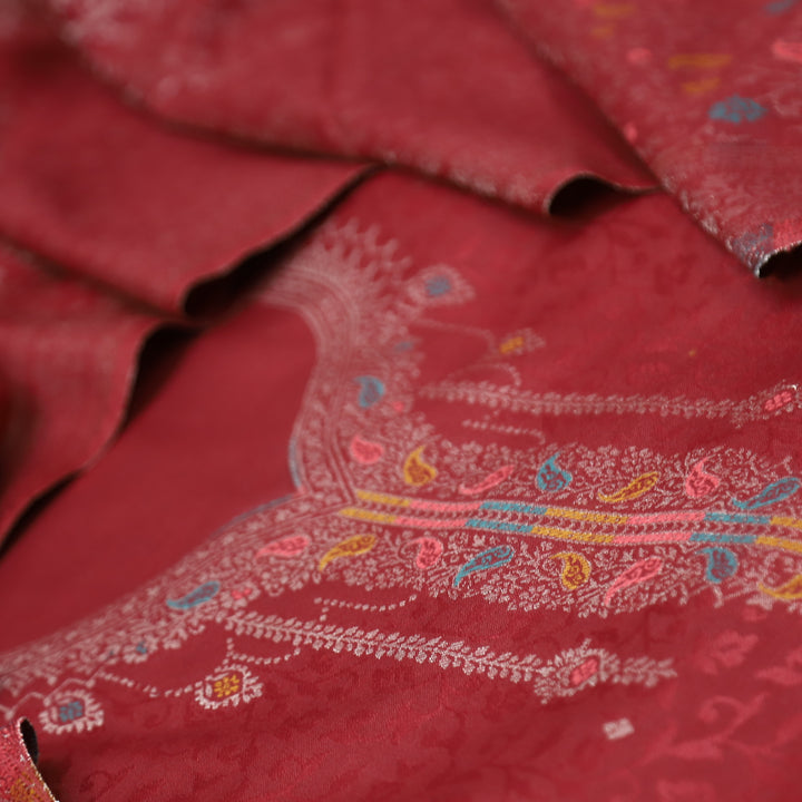 आरूही Burgundy Wine All Over Zari Weaved in  Semi Pashmina Winter Suit Set