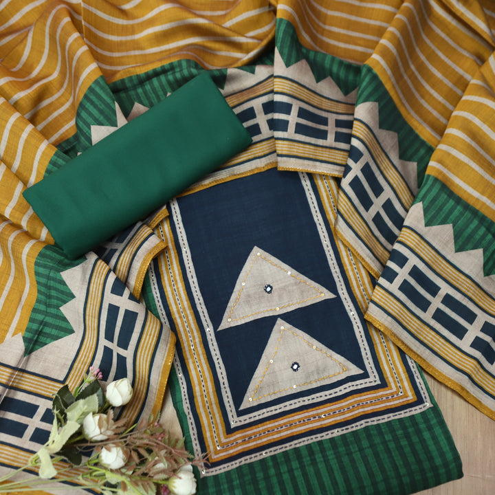 Ashwini Sacramento Green in Printed Patch with Thread Work Modal Suit Set