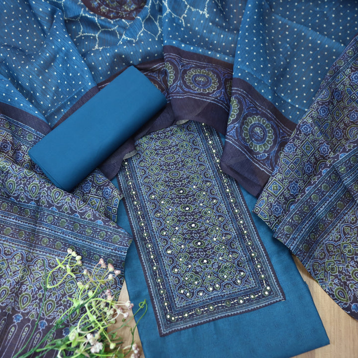 Falak Sapphire Blue Printed Patch with Patra Work in Self Print Chanderi Suit Set