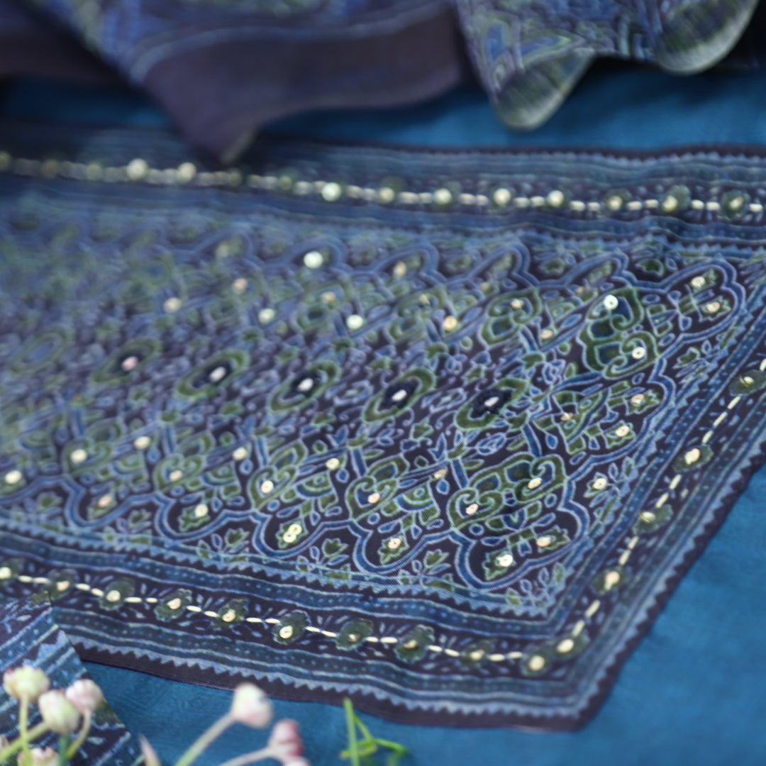Falak Sapphire Blue Printed Patch with Patra Work in Self Print Chanderi Suit Set