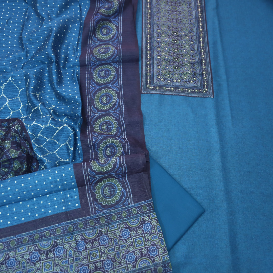 Falak Sapphire Blue Printed Patch with Patra Work in Self Print Chanderi Suit Set