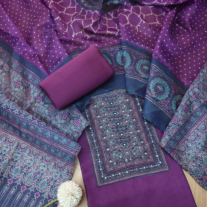 Falak Blueberry Purple Printed Patch with Patra Work in Self Print Chanderi Suit Set