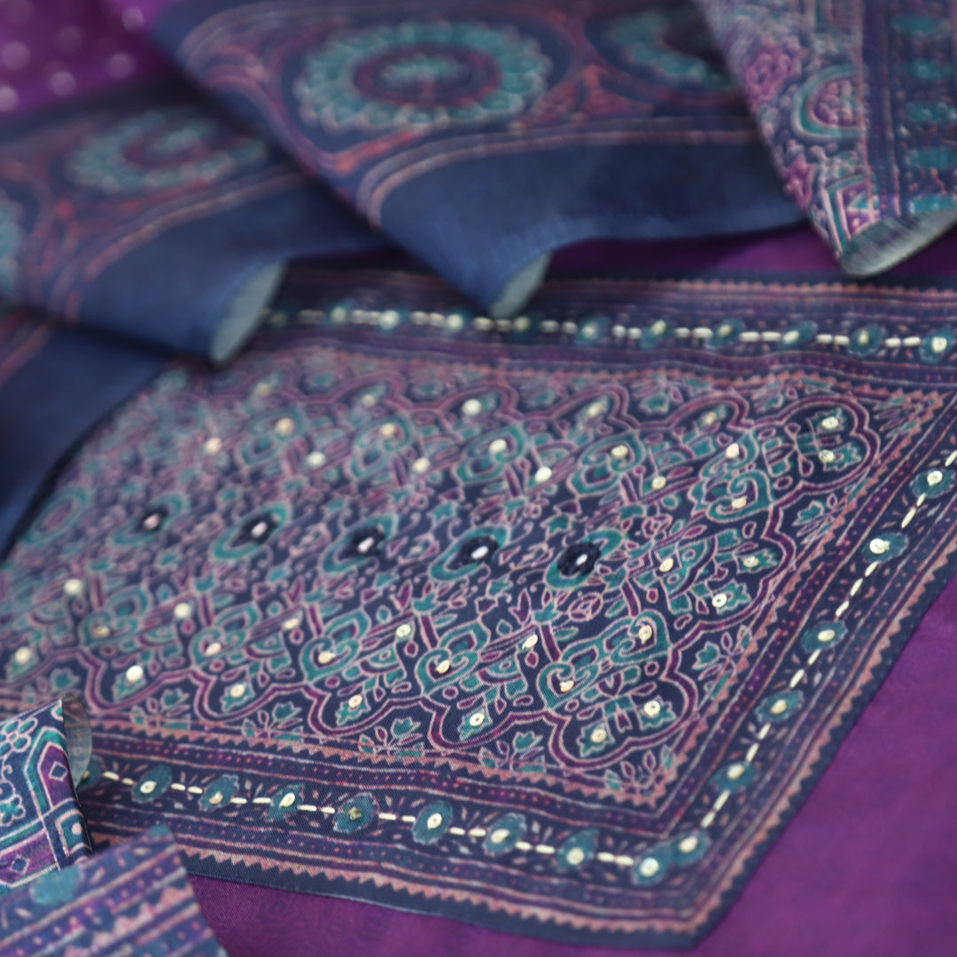Falak Blueberry Purple Printed Patch with Patra Work in Self Print Chanderi Suit Set