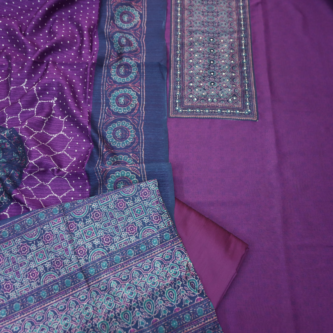 Falak Blueberry Purple Printed Patch with Patra Work in Self Print Chanderi Suit Set