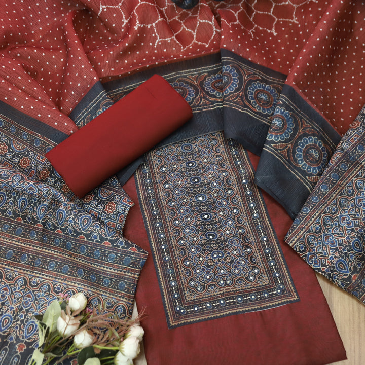 Falak Maroon Red Printed Patch with Patra Work in Self Print Chanderi Suit Set