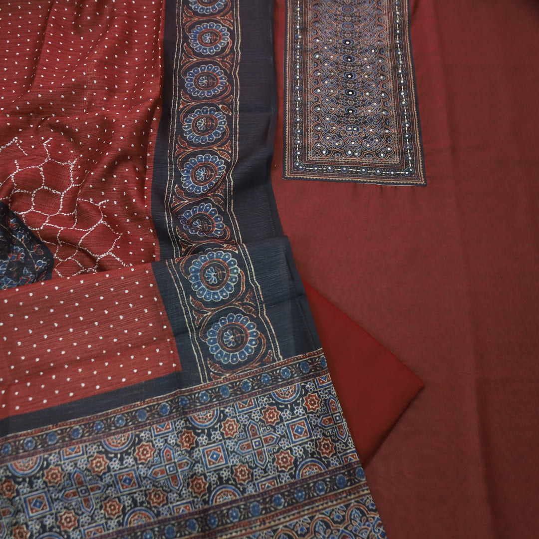Falak Maroon Red Printed Patch with Patra Work in Self Print Chanderi Suit Set