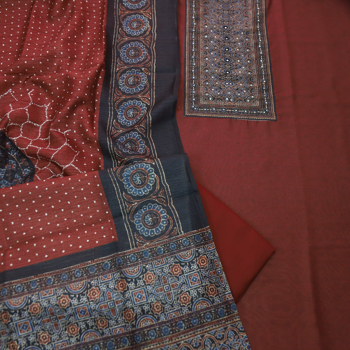 Falak Maroon Red Printed Patch with Patra Work in Self Print Chanderi Suit Set