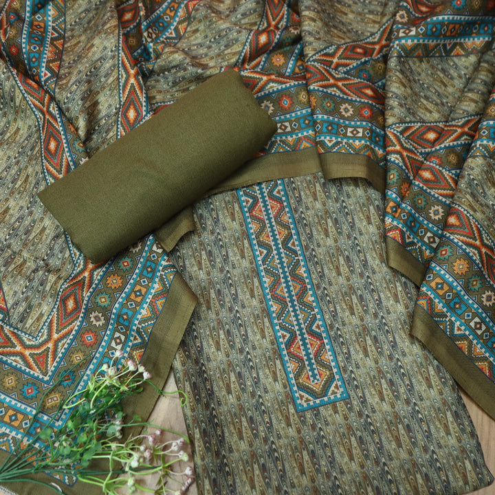 विशाखा Pine Green All Over Intricate Digital Printed Semi Pashmina Winter Set