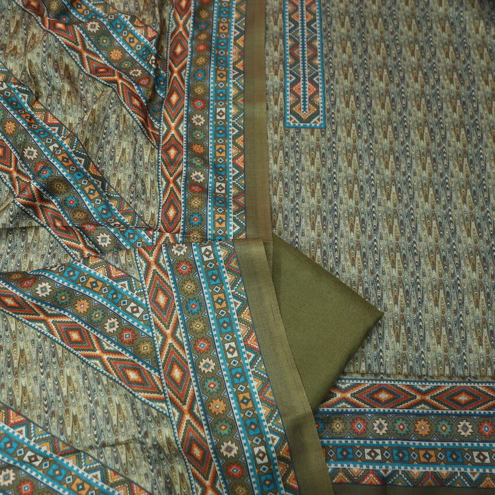 विशाखा Pine Green All Over Intricate Digital Printed Semi Pashmina Winter Set