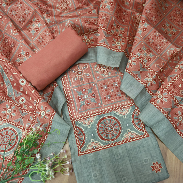 Maharani Sky Grey Spiral with Patra Work in Printed Yoke Art Silk Chanderi Suit Set
