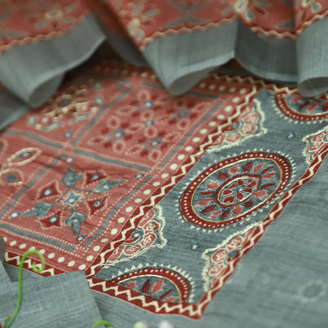 Maharani Sky Grey Spiral with Patra Work in Printed Yoke Art Silk Chanderi Suit Set