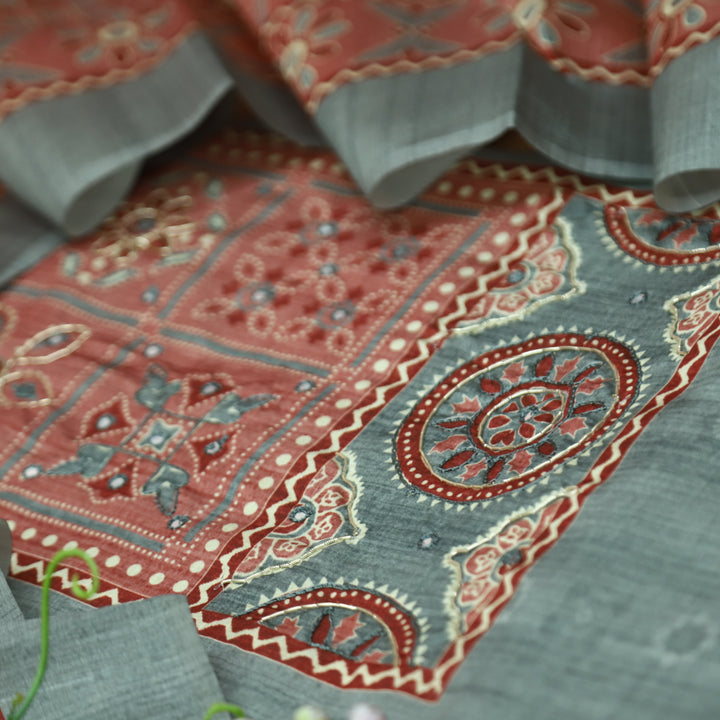 Maharani Sky Grey Spiral with Patra Work in Printed Yoke Art Silk Chanderi Suit Set