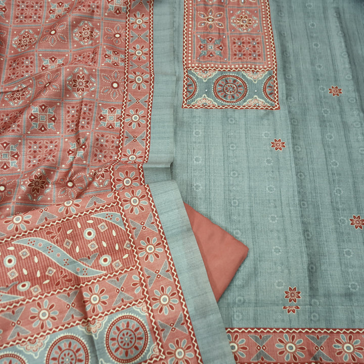Maharani Sky Grey Spiral with Patra Work in Printed Yoke Art Silk Chanderi Suit Set
