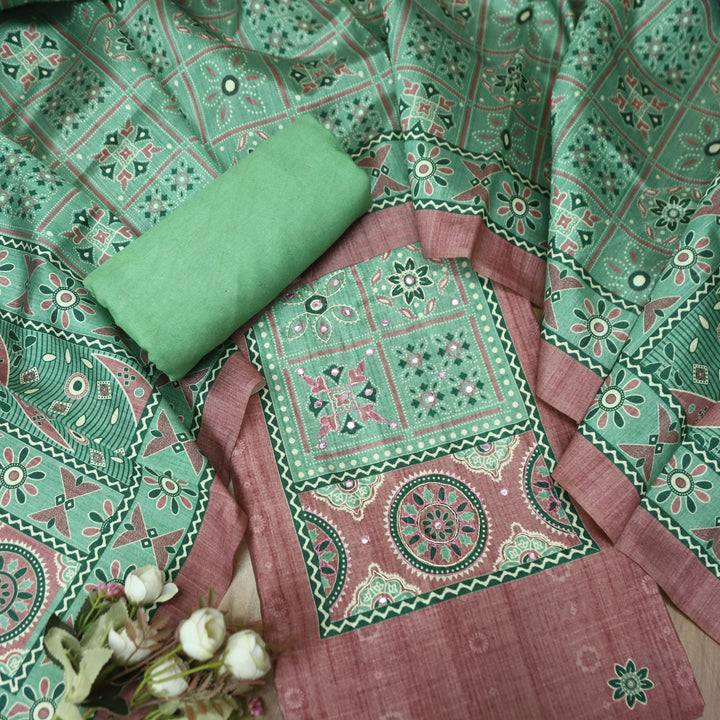 Maharani Rosy Pink Spiral with Patra Work in Printed Yoke Art Silk Chanderi Suit Set