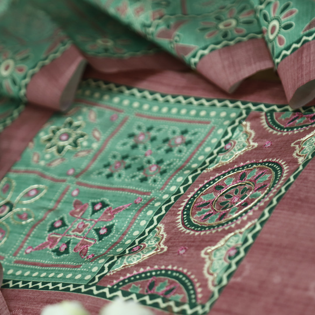Maharani Rosy Pink Spiral with Patra Work in Printed Yoke Art Silk Chanderi Suit Set