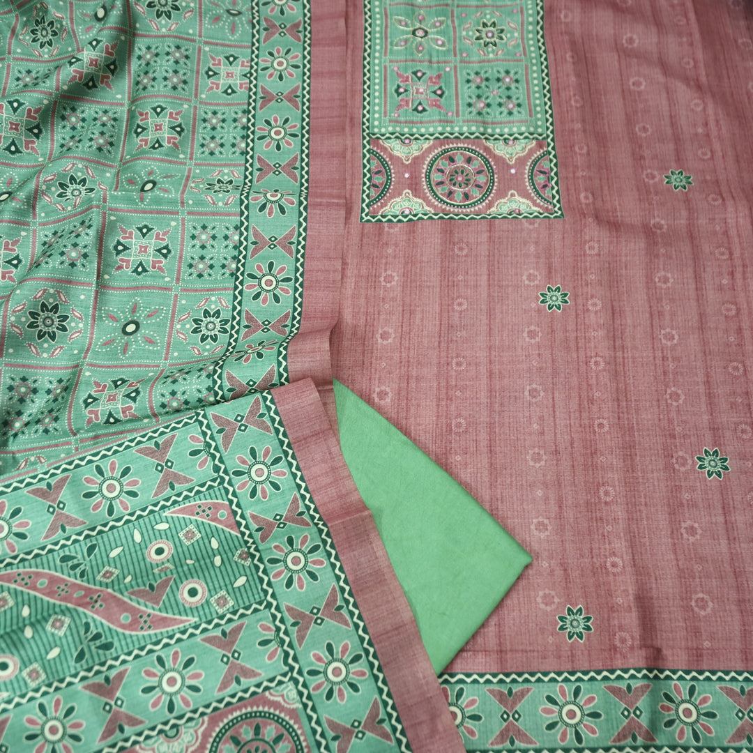 Maharani Rosy Pink Spiral with Patra Work in Printed Yoke Art Silk Chanderi Suit Set