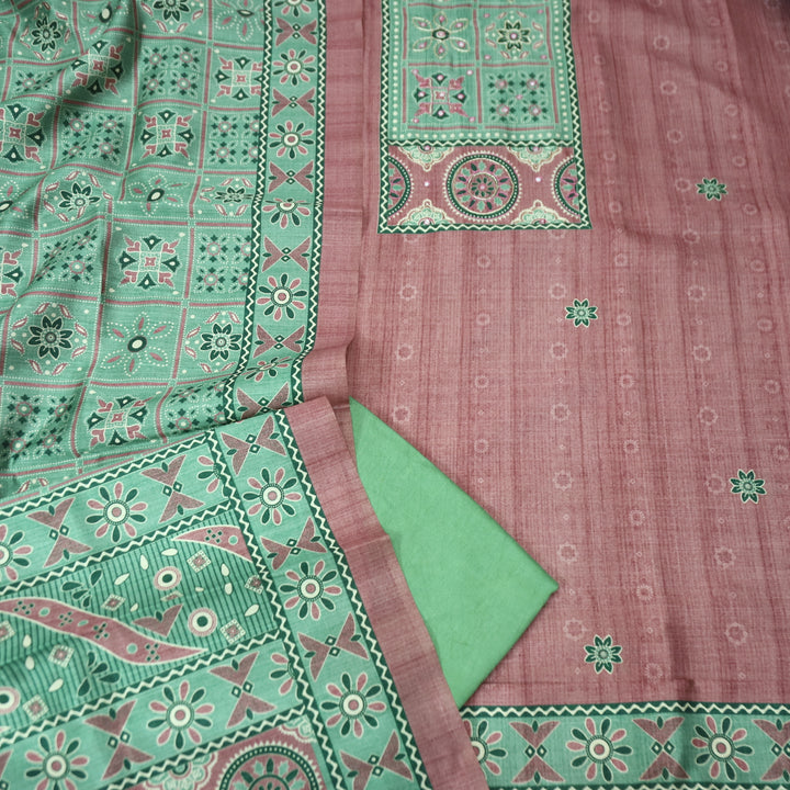 Maharani Rosy Pink Spiral with Patra Work in Printed Yoke Art Silk Chanderi Suit Set