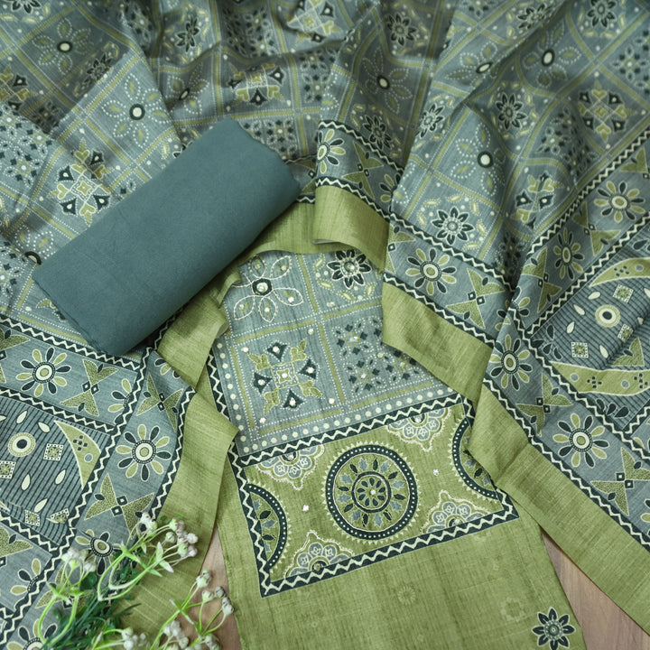 Maharani Fern Green Spiral with Patra Work in Printed Yoke Art Silk Chanderi Suit Set