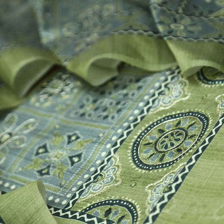 Maharani Fern Green Spiral with Patra Work in Printed Yoke Art Silk Chanderi Suit Set