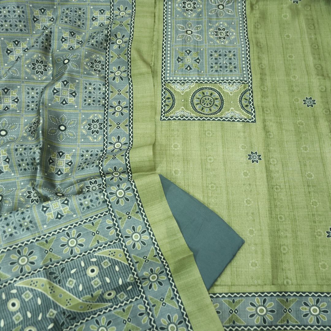 Maharani Fern Green Spiral with Patra Work in Printed Yoke Art Silk Chanderi Suit Set