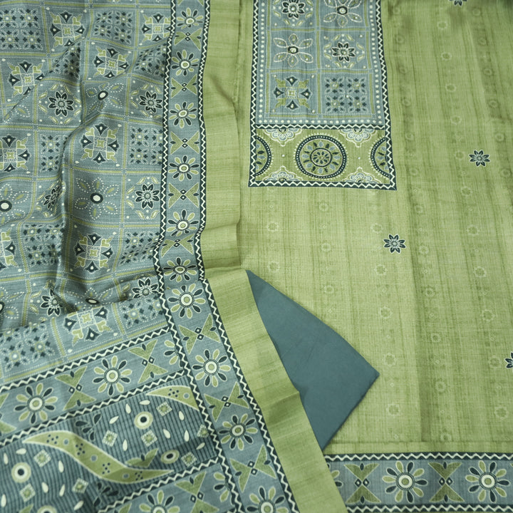 Maharani Fern Green Spiral with Patra Work in Printed Yoke Art Silk Chanderi Suit Set