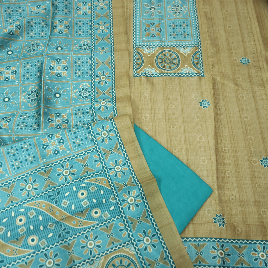 Maharani Mustard Beige Spiral with Patra Work in Printed Yoke Art Silk Chanderi Suit Set