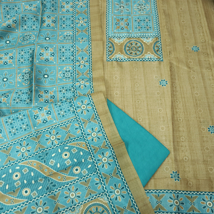 Maharani Mustard Beige Spiral with Patra Work in Printed Yoke Art Silk Chanderi Suit Set