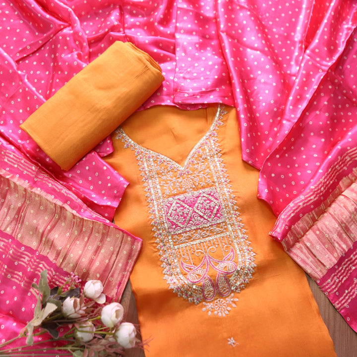 Shreya Peel Orange Zari Pita Work on Neck with Sequine Detailing Dola Silk Set