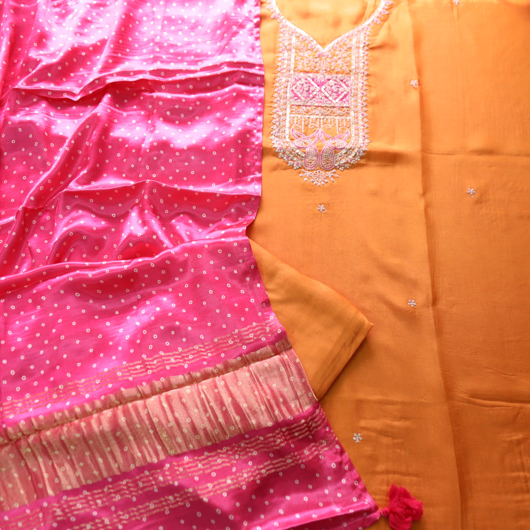 Shreya Peel Orange Zari Pita Work on Neck with Sequine Detailing Dola Silk Set