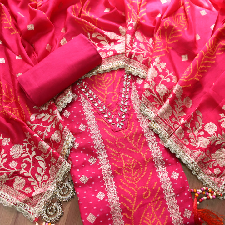 Shreya Rani Pink V Neck with Stone and Brocade Work in Panel Style Dola Silk Set