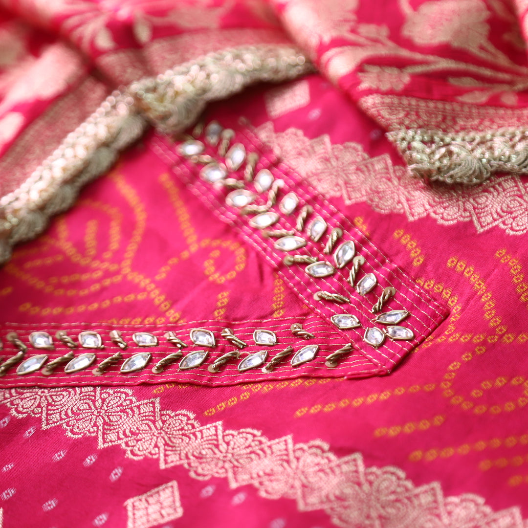 Shreya Rani Pink V Neck with Stone and Brocade Work in Panel Style Dola Silk Set