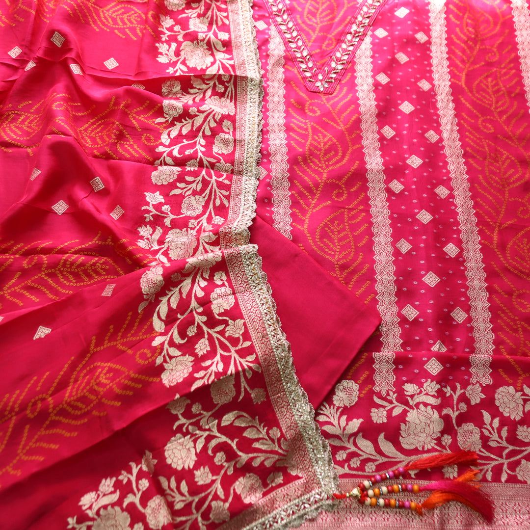 Shreya Rani Pink V Neck with Stone and Brocade Work in Panel Style Dola Silk Set