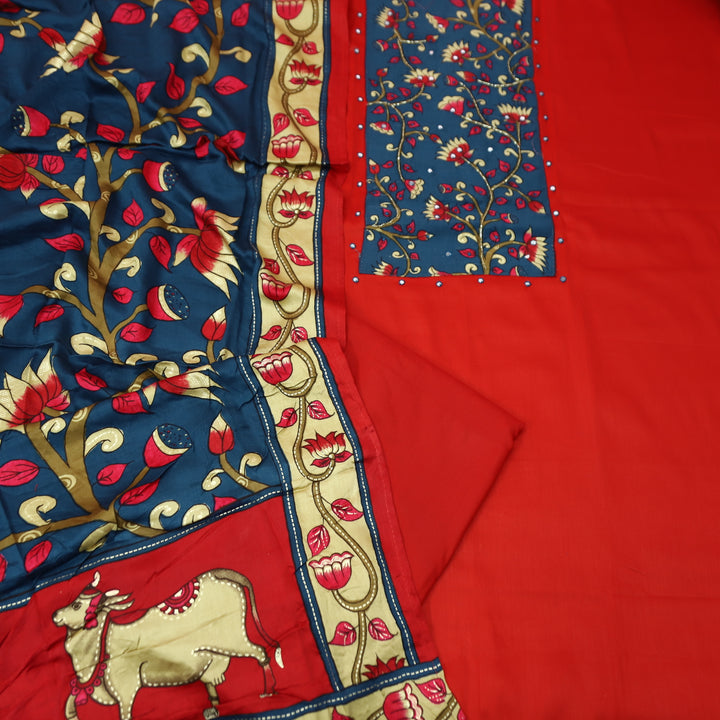Muskaani Bride Red Kalmkari Printed Yoke with Kardana Work Glazed Cotton Set